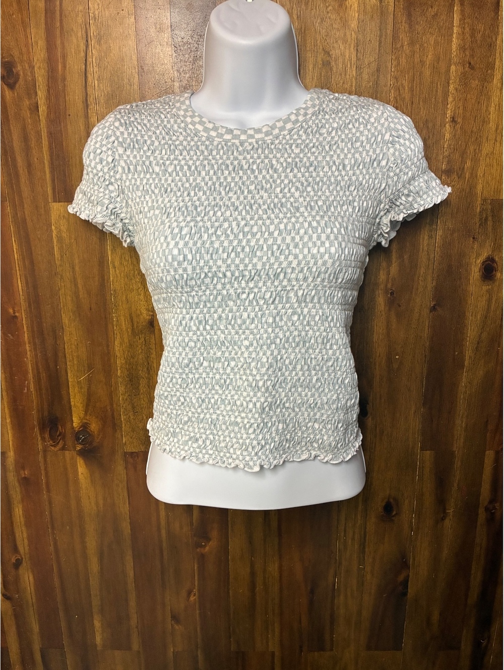 American Eagle Blue & White Checkered Smocked Stretchy Baby Tee S Y2K Festival